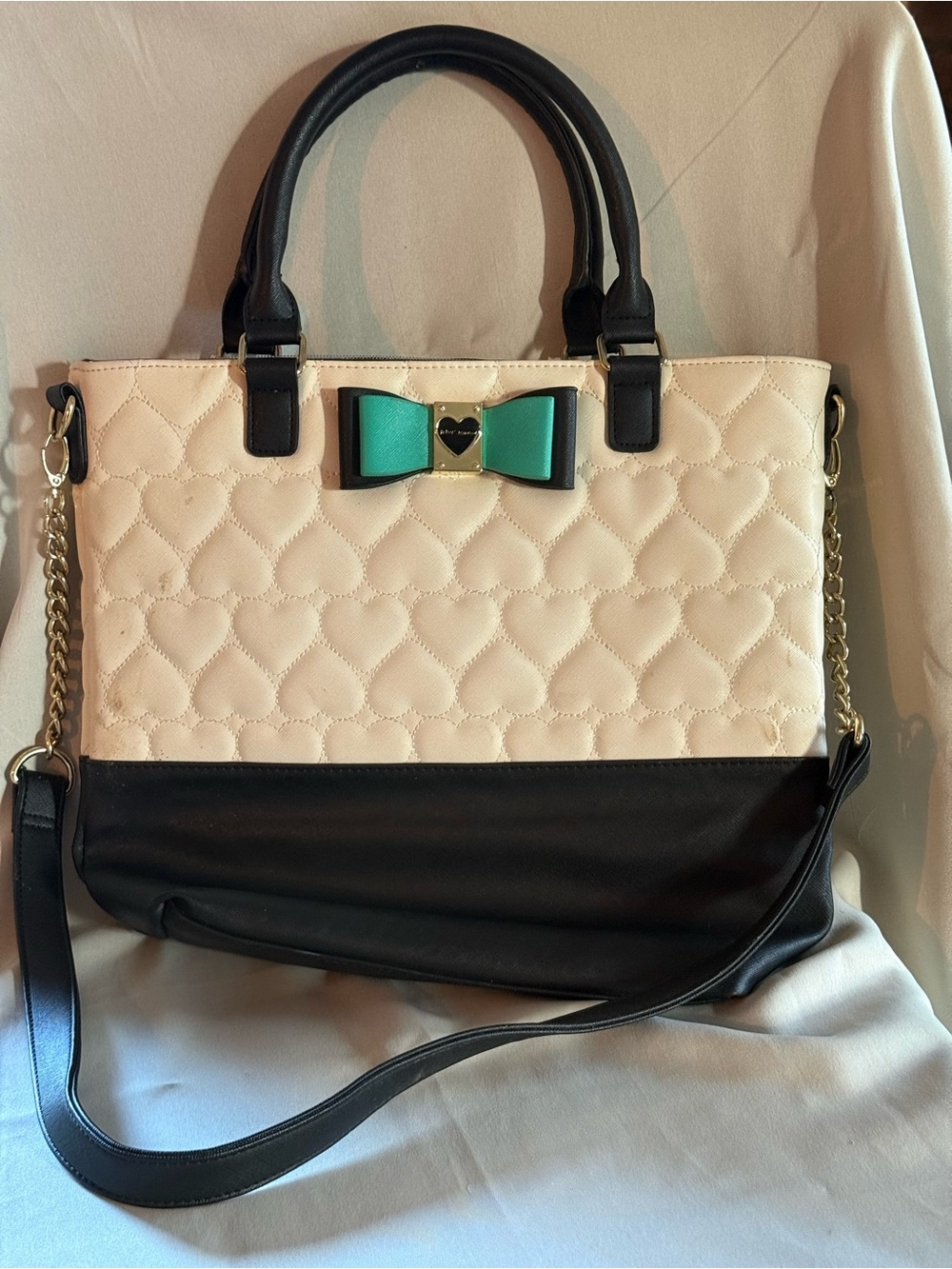 Betsey Johnson Cream and Black Quilted Tote with Teal Bow
